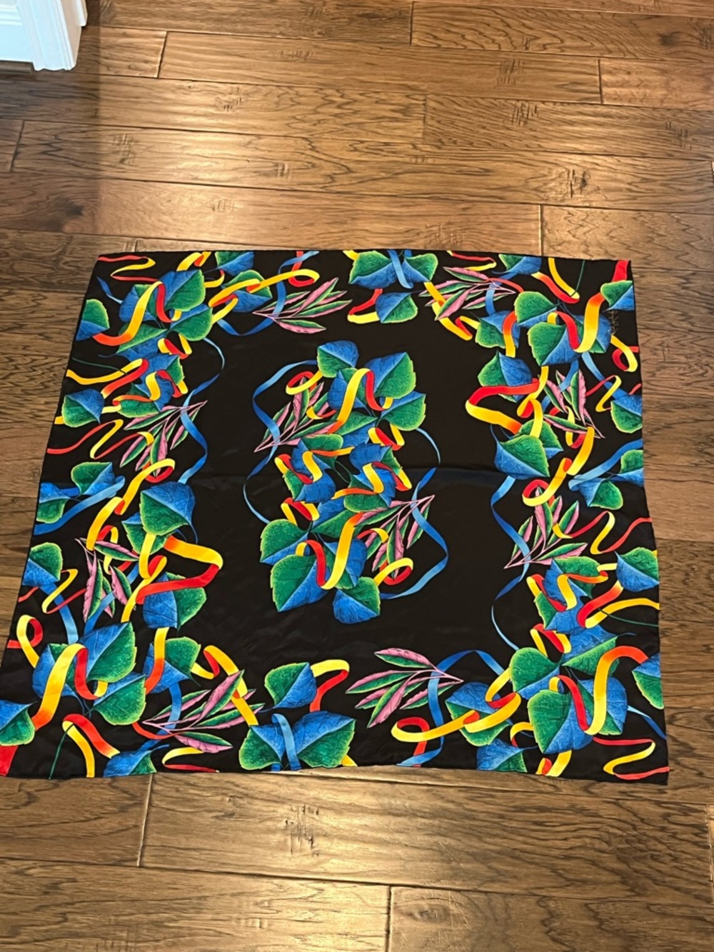 Silk Scarf Multicolor Black with Bright Ribbon and Leaves Print Vintage Bright